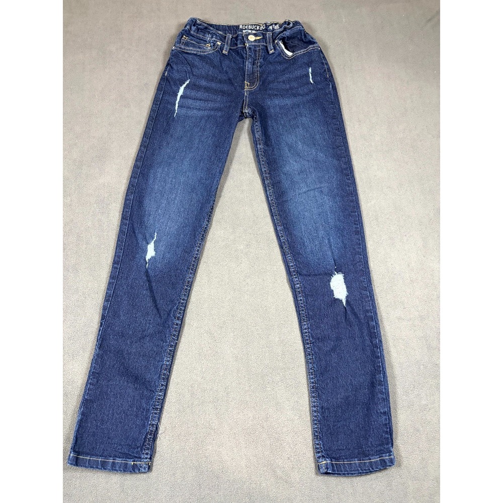 Roebuck & Co. Girlfriend Jeans Womens 14 Blue Denim Distressed Whiskered Outdoor